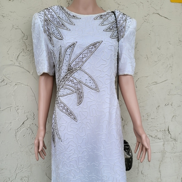 Vintage White and Taupe Beaded Cocktail Dress - Picture 2 of 10